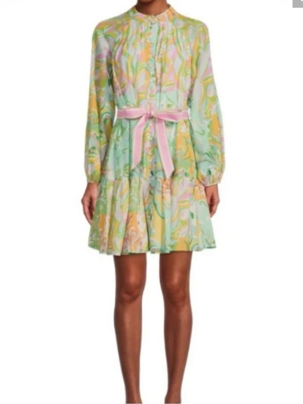ANTONIO MELANI Pastel Swirl Mini Dress with Pink Waist Tie